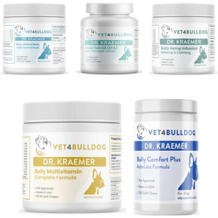 Bully Orthopedics Vital Bundle for bulldogs 60lb and over, all products shown together