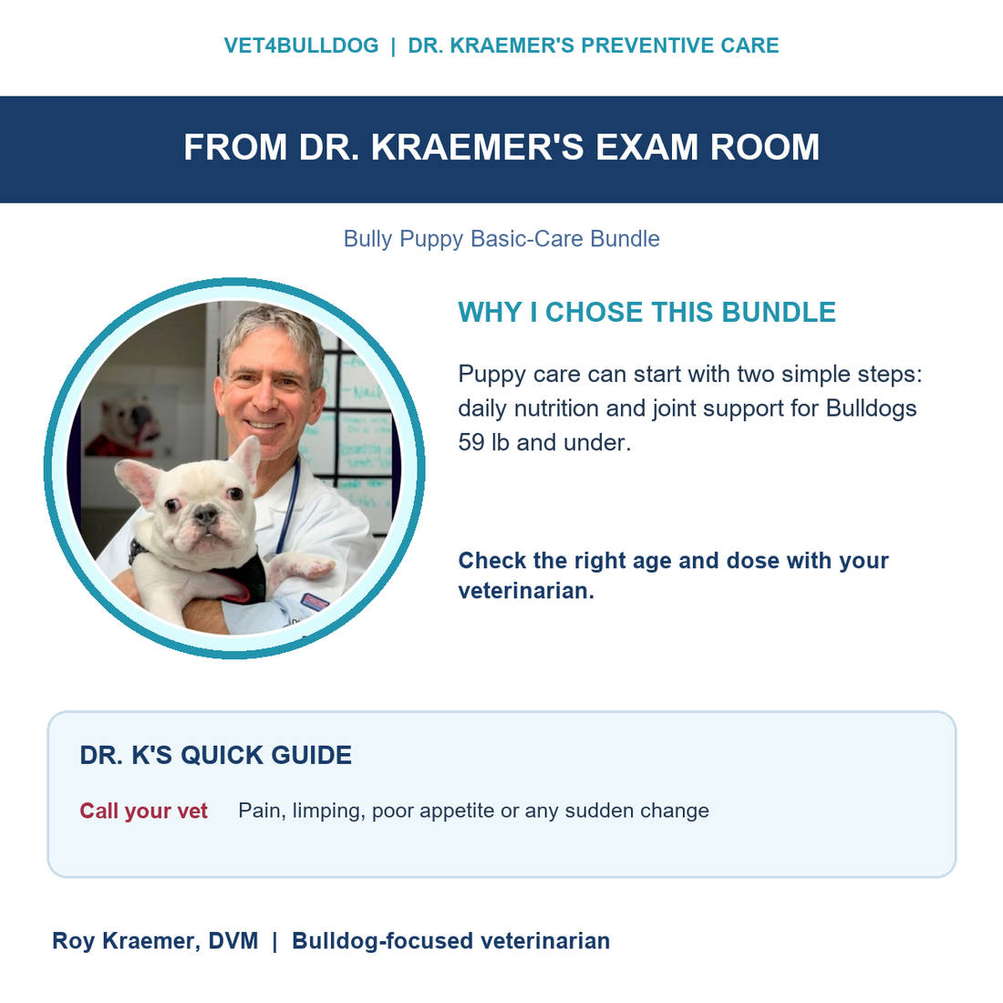 Dr. Kraemer with a French Bulldog explaining the two-product Puppy Basic routine