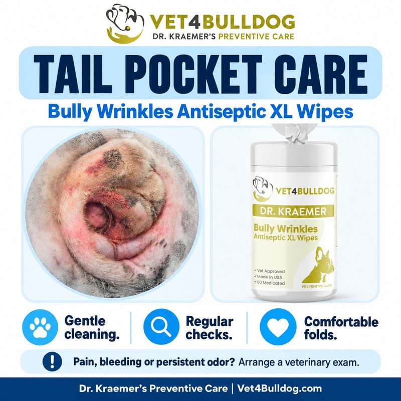 Clinical Bulldog tail pocket beside current-label XL wipes and gentle care reminders