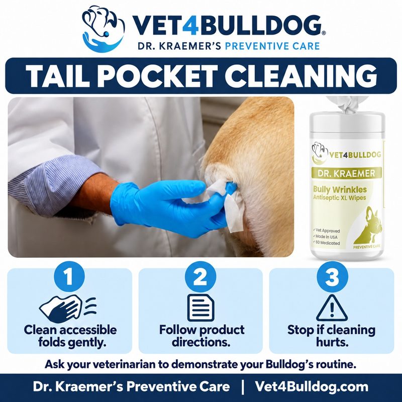 Dr. Kraemer demonstrates gentle Bulldog tail pocket cleaning with three home care reminders