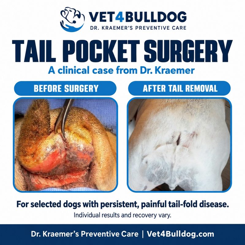 Dr. Kraemer’s Bulldog tail pocket case before surgery and after healing