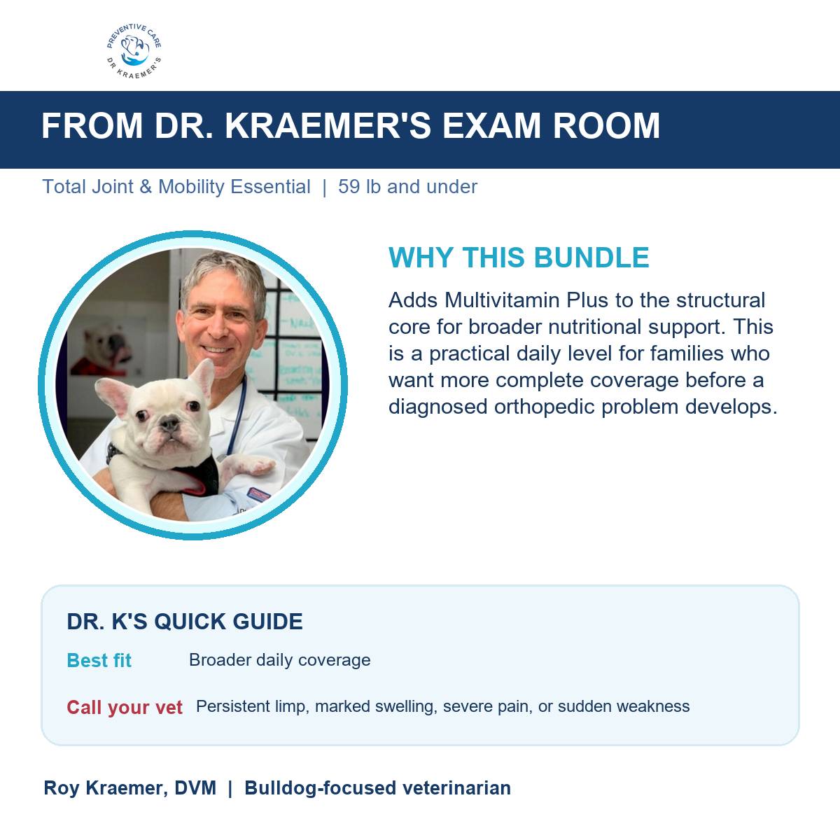 Dr. Kraemer explains why the Total Joint and Mobility Essential Bundle for bulldogs 59lb and under is put together the way it is