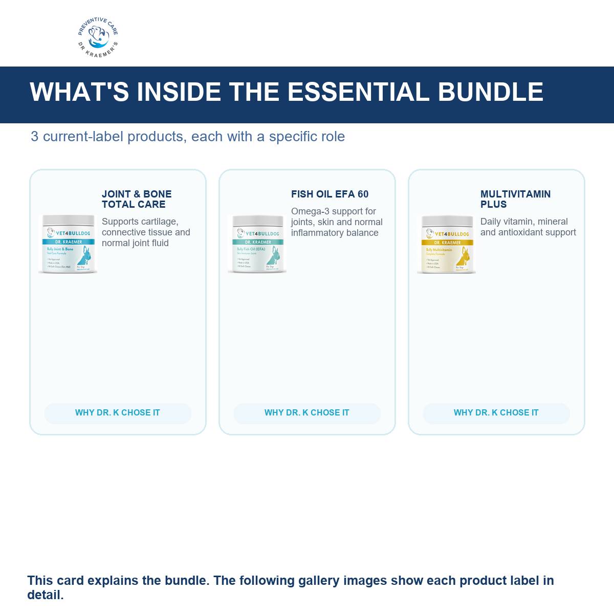 Everything included in the Bully Total Joint and Mobility Essential Bundle for bulldogs 59lb and under