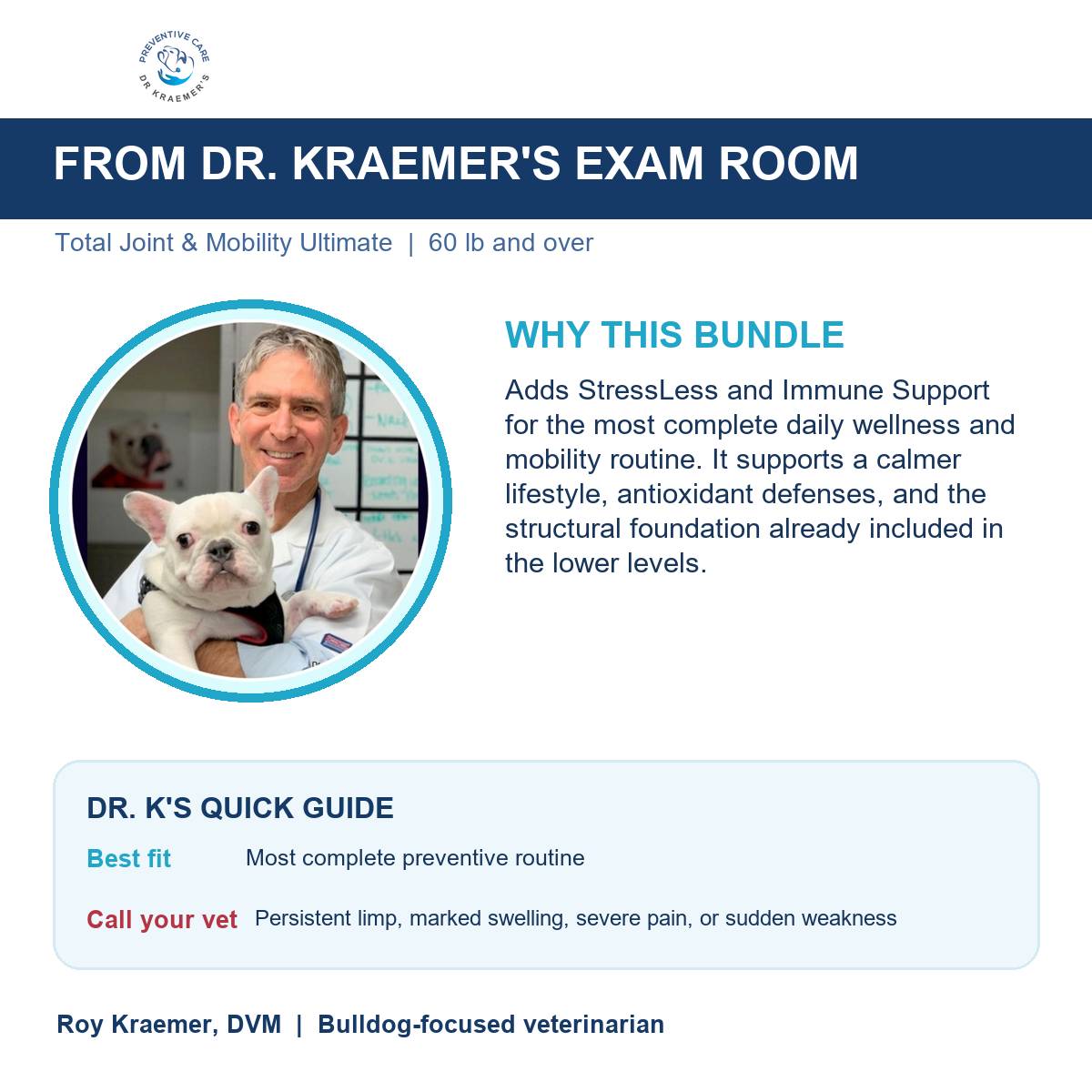 Dr. Kraemer explains why the Total Joint and Mobility Ultimate Bundle for bulldogs 60lb and over is put together the way it is