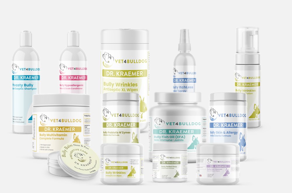 Dr. Kraemer’s V4B Bully Therapeutics line for English and French bulldogs: antiseptic shampoo, hypoallergenic conditioner, Bully Wrinkles antiseptic XL wipes, ItchLess relief spray, skinfold and wrinkles antiseptic lotion, multivitamin, probiotic, fish oil and skin and allergy chews, nose and paw balm, small wrinkle wipes, Perfect Poop and ear cleanser wipes