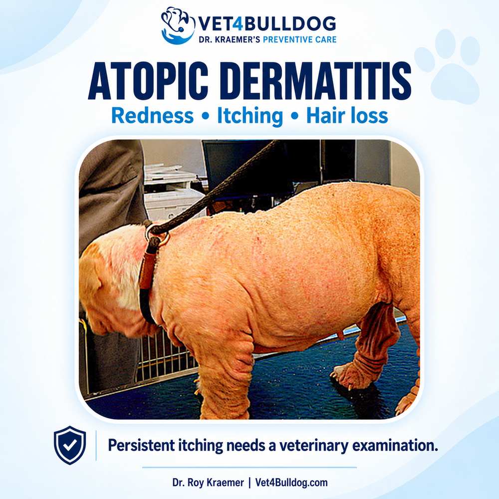 Dr. Kraemer’s Bulldog patient with atopic dermatitis, redness and hair loss