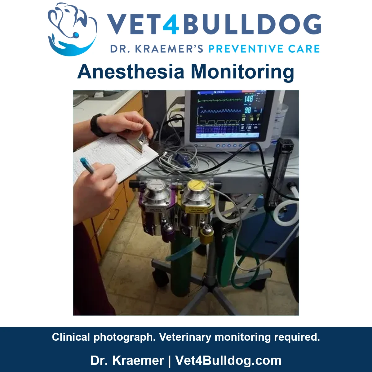 Veterinary staff recording anesthesia observations beside monitoring equipment displaying the original screen readings.
