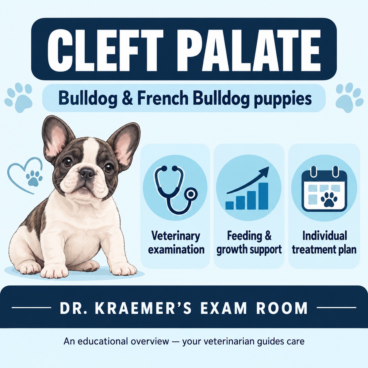Illustrated cleft palate overview for Bulldog puppies: veterinary examination, feeding and growth support, and an individual treatment plan
