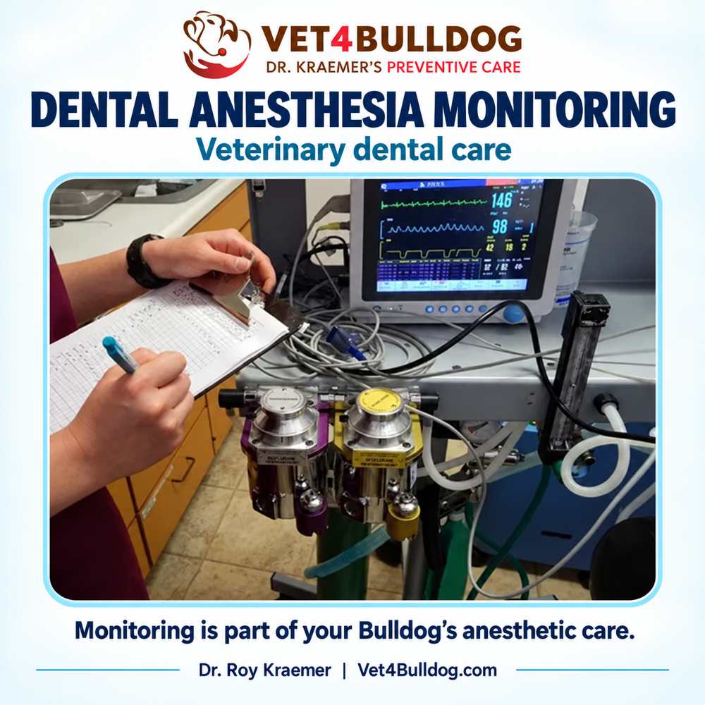 Dr. Kraemer’s veterinary anesthesia-monitoring equipment used during Bulldog dental care