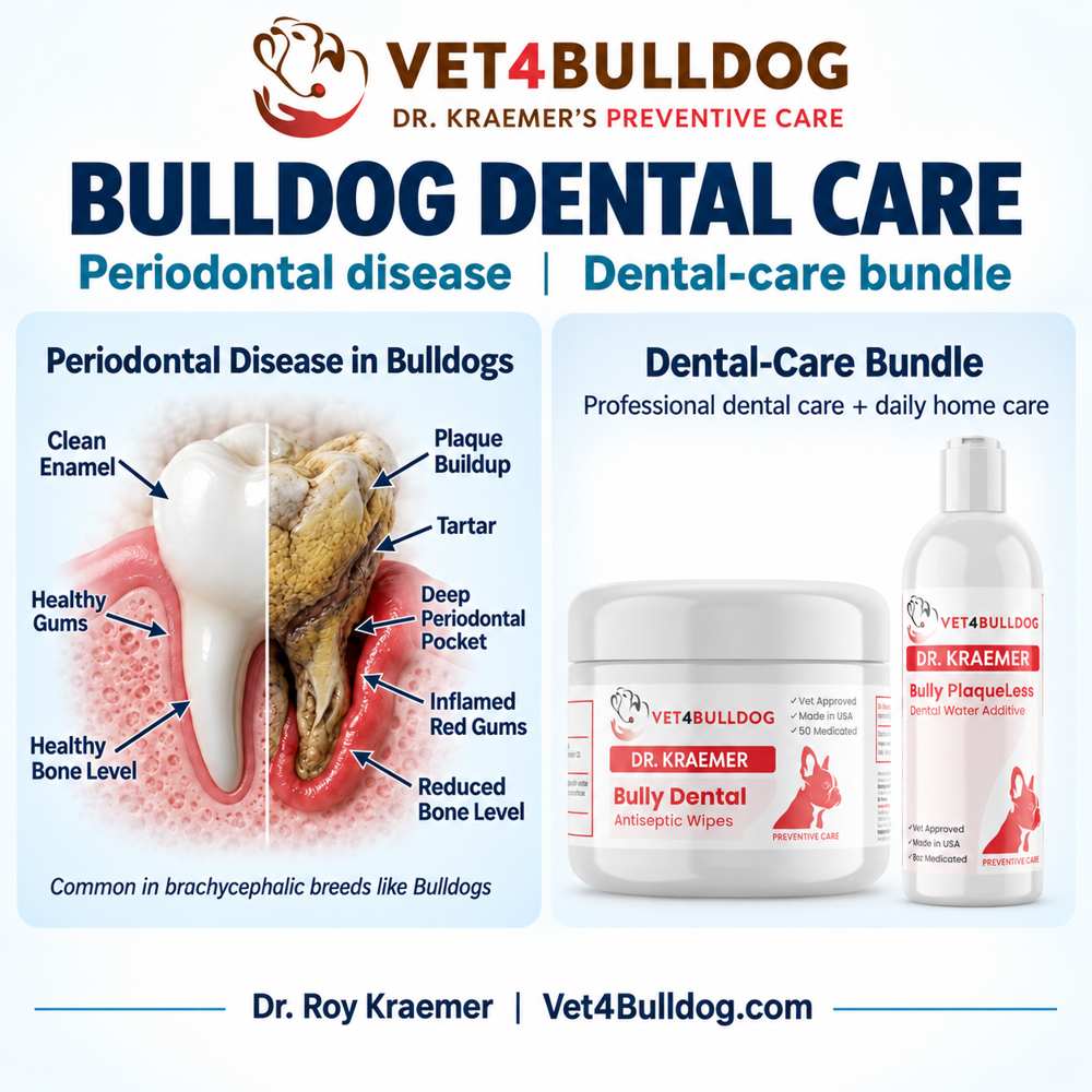 Dr. Kraemer’s Bulldog dental disease guide with periodontal anatomy and the Vet4Bulldog dental care bundle