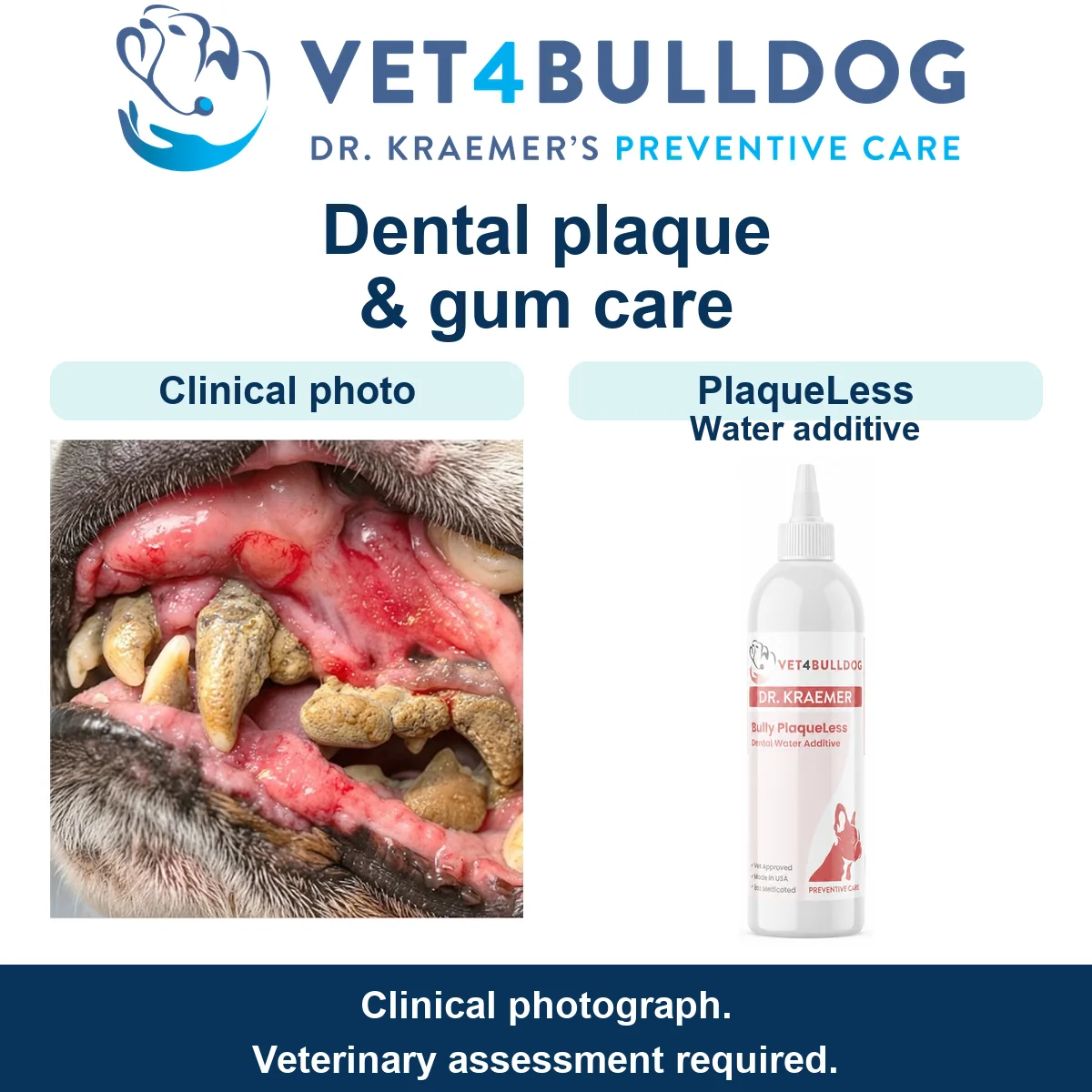 Original Bulldog dental plaque photograph beside a PlaqueLess water-additive bottle with a white pointed tip.