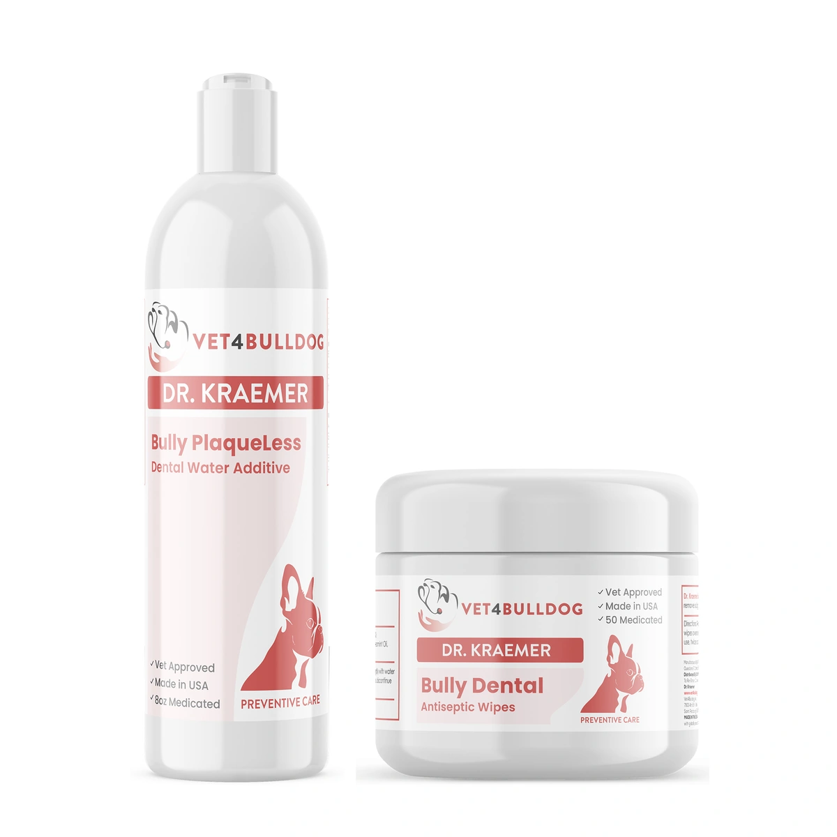 Bully Dental Health Essential bundle with round-cap PlaqueLess water additive and 50 dental antiseptic wipes.