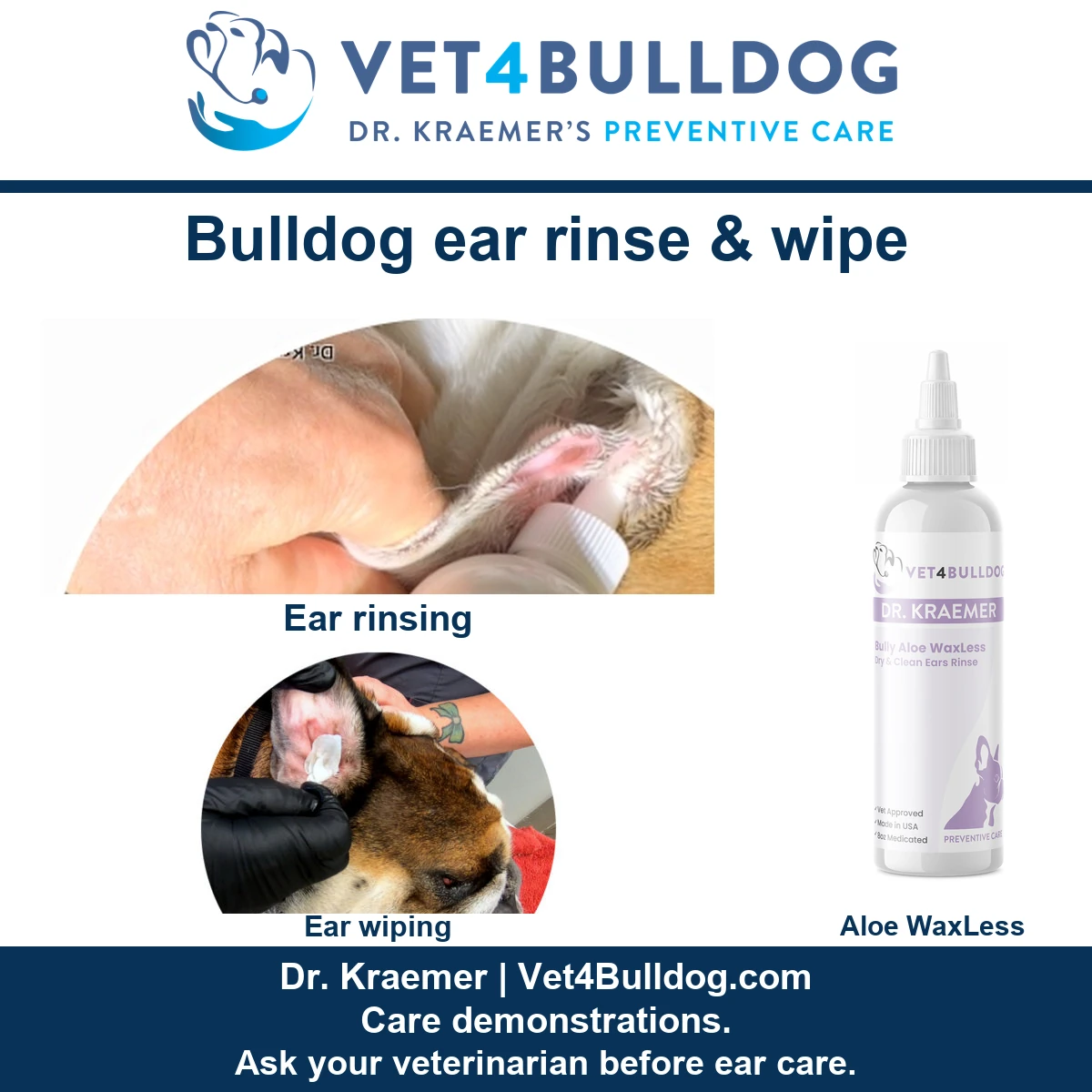 Original Bulldog ear-rinsing and ear-wiping demonstrations beside the current Aloe WaxLess rinse bottle.