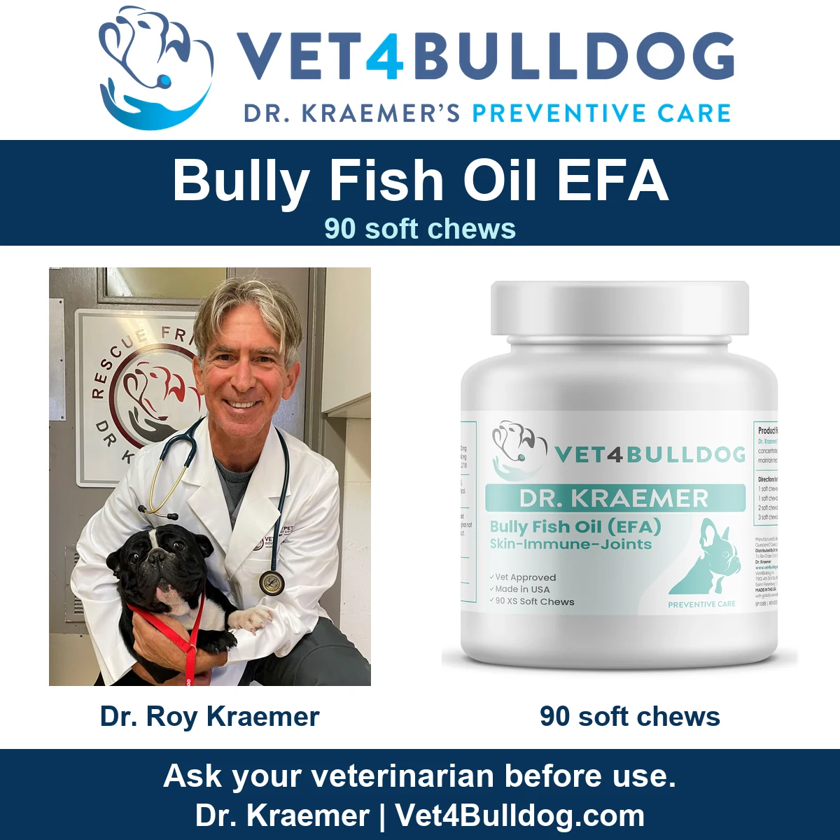 Dr. Roy Kraemer with a French Bulldog beside the current 90-chew Bully Fish Oil bottle.