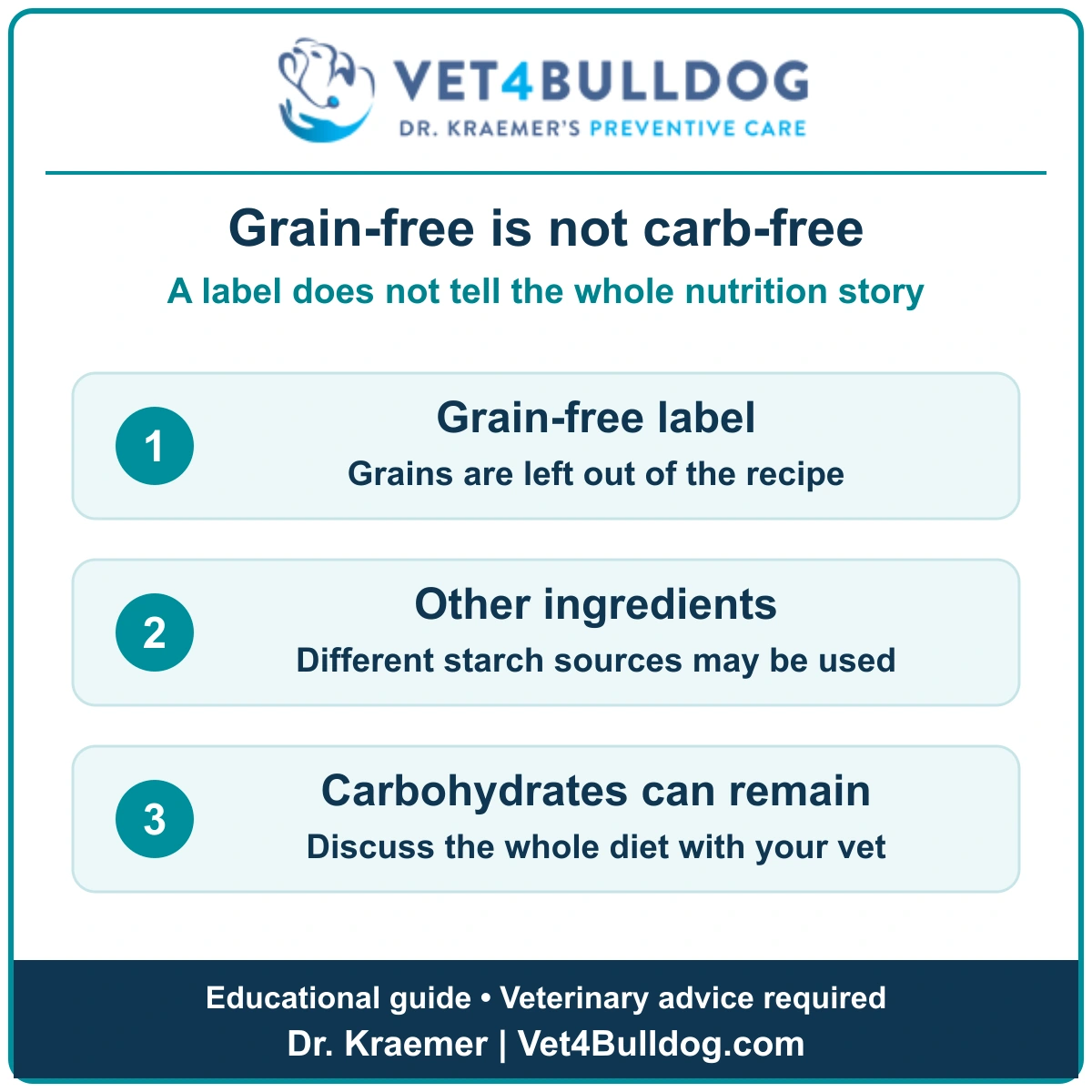 Educational grain-free diet guide explaining that other starch sources may replace grains and carbohydrates can remain.