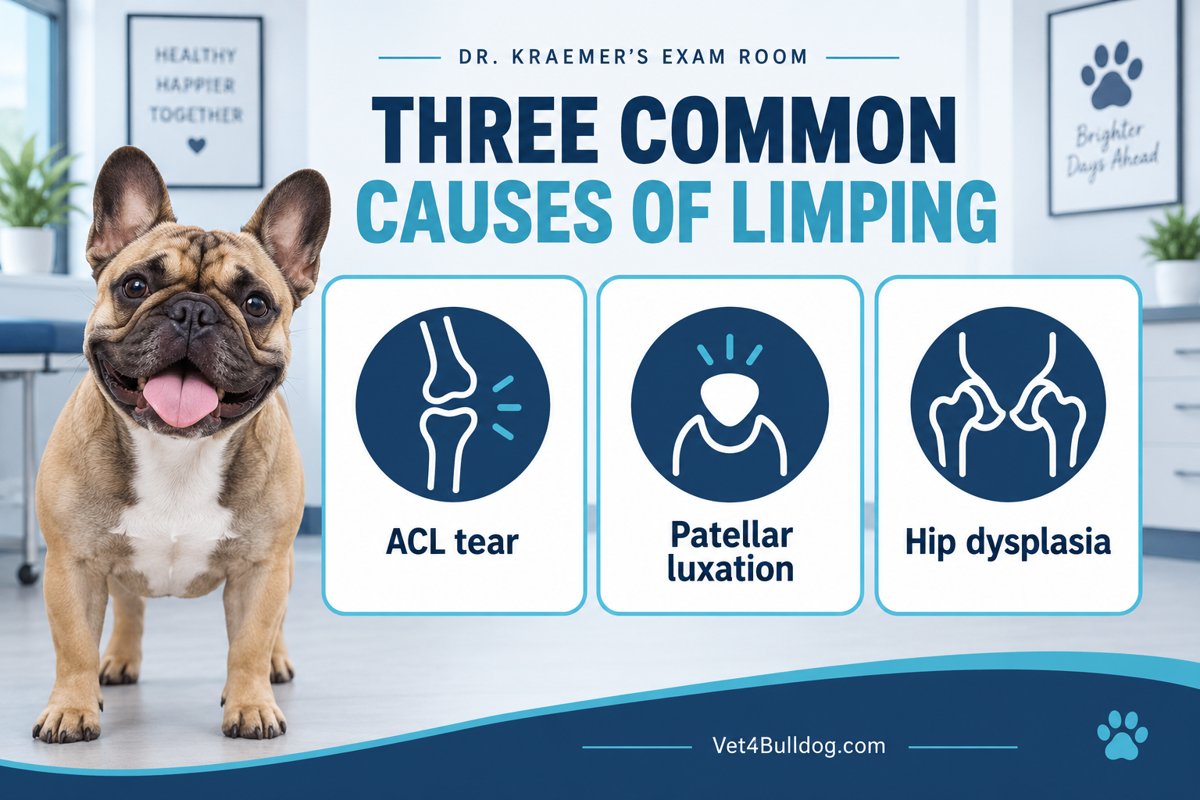 Conceptual topic guide to three common causes of Bulldog limping: ACL tear, patellar luxation and hip dysplasia