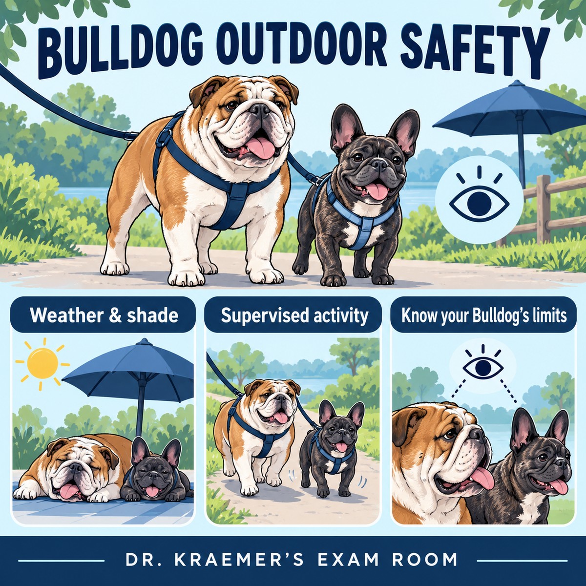 Illustrated Bulldog outdoor safety overview: weather and shade, supervised activity and knowing your Bulldog’s limits