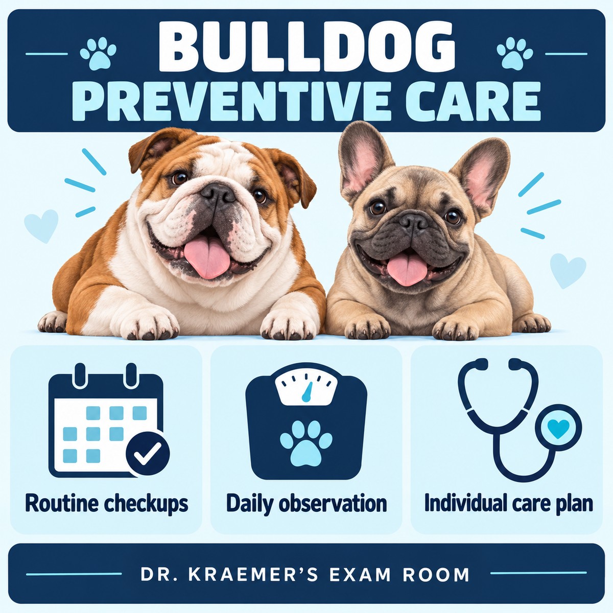 Illustrated Bulldog preventive care overview: routine checkups, daily observation and an individual care plan