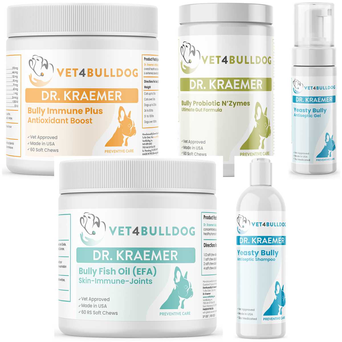 Bully Pyoderma Antiseptic Ultimate bundle with Immune Plus, Probiotic, 60 Fish Oil chews, no-rinse gel and medicated shampoo.