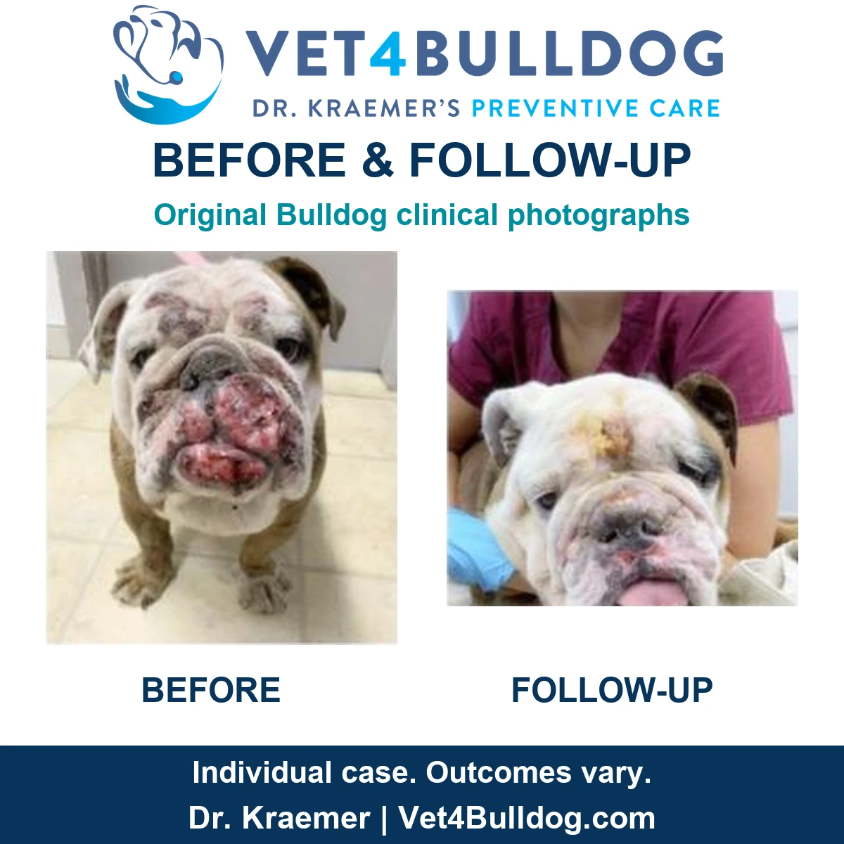Original Bulldog facial skin photographs before treatment and at follow-up, with the original clinician and blue glove in the follow-up view.