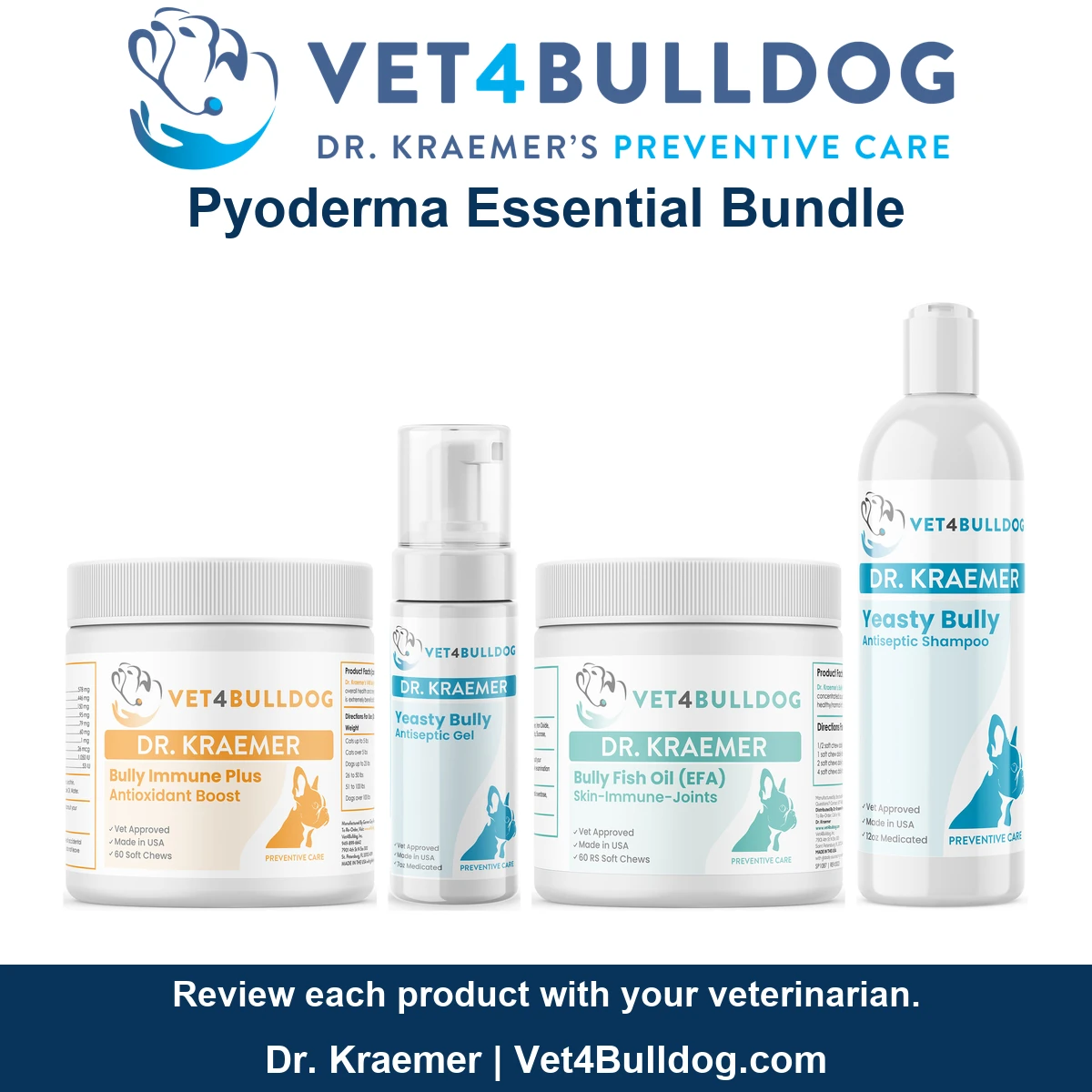 Pyoderma Essential Bundle with ImmunePlus, antiseptic gel, 60-chew regular-strength fish oil and 12-ounce shampoo.