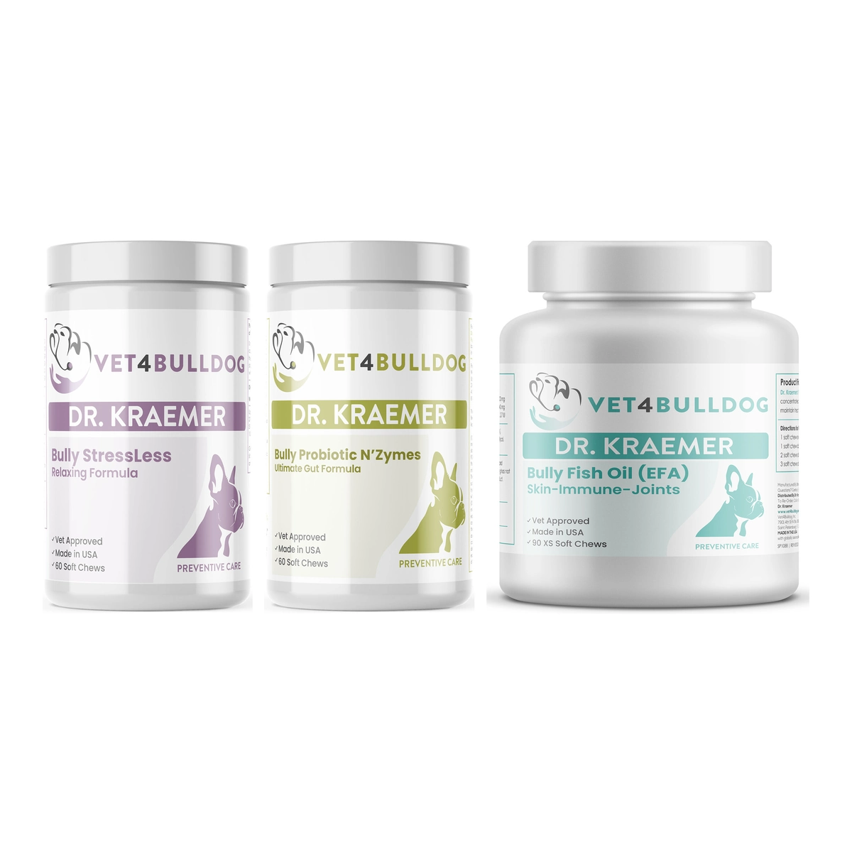 Bully Respiratory and Airways Essential bundle with StressLess, Probiotic N’Zymes and 90 fish oil chews.