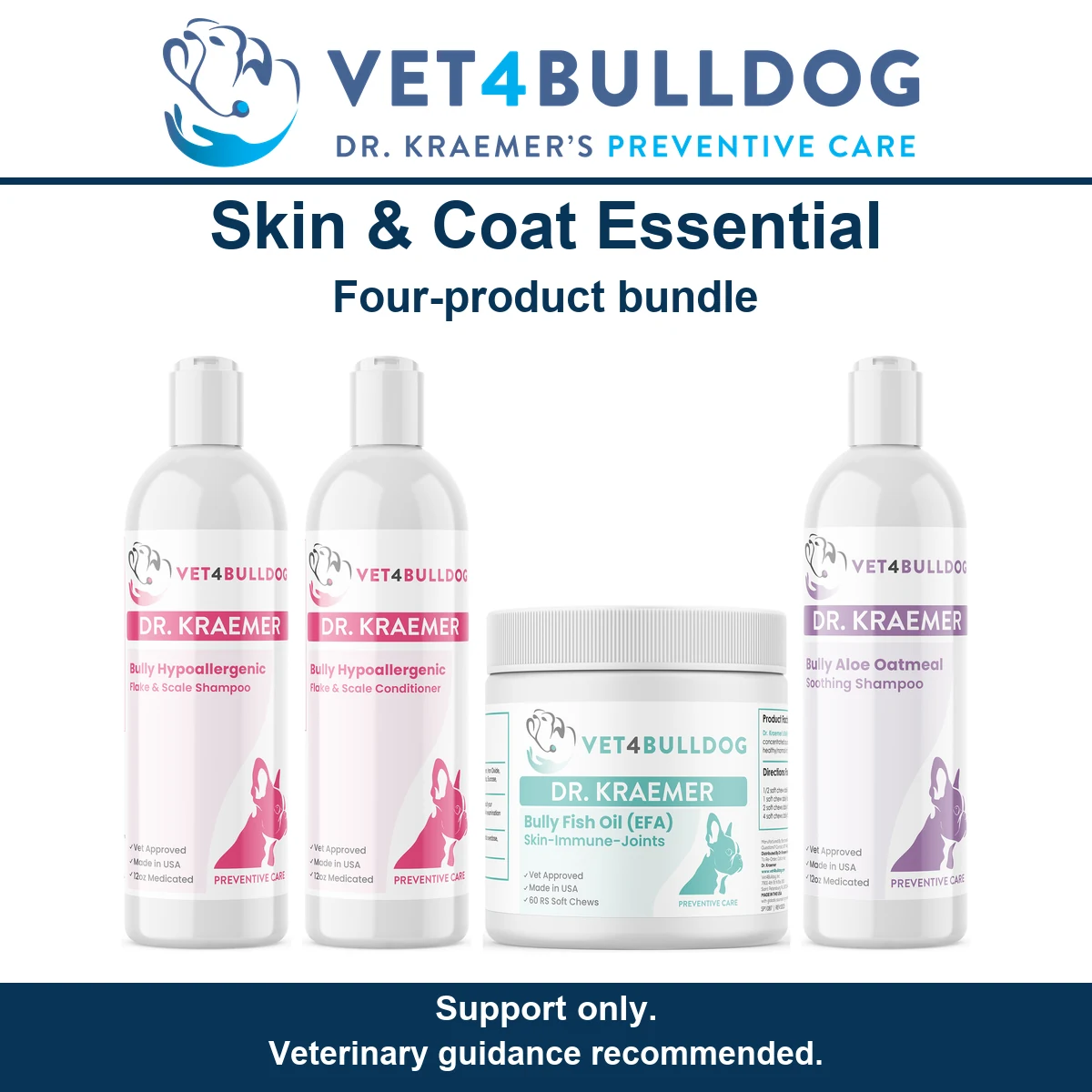 Bully Skin and Coat Essential bundle with two shampoos, conditioner, and Fish Oil EFA 60 chews