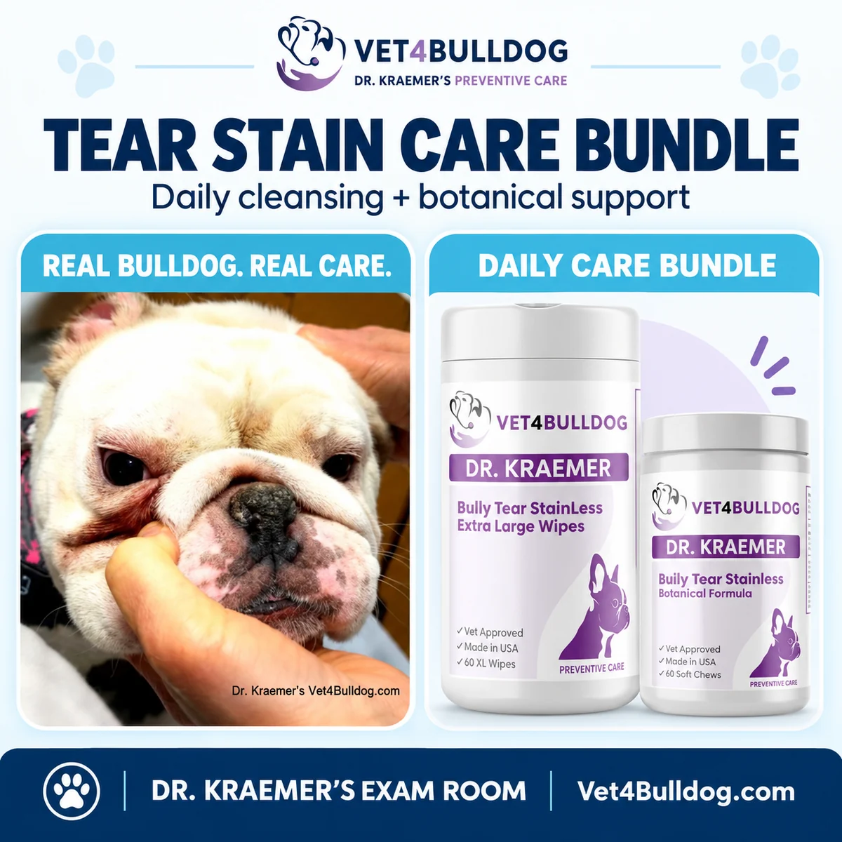 Dr. Kraemer’s Bulldog tear-stain care with XL wipes and botanical support