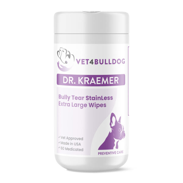 Dr. Kraemer’s Bully Tear StainLess XL Wipes for the fur under a weeping Bulldog eye