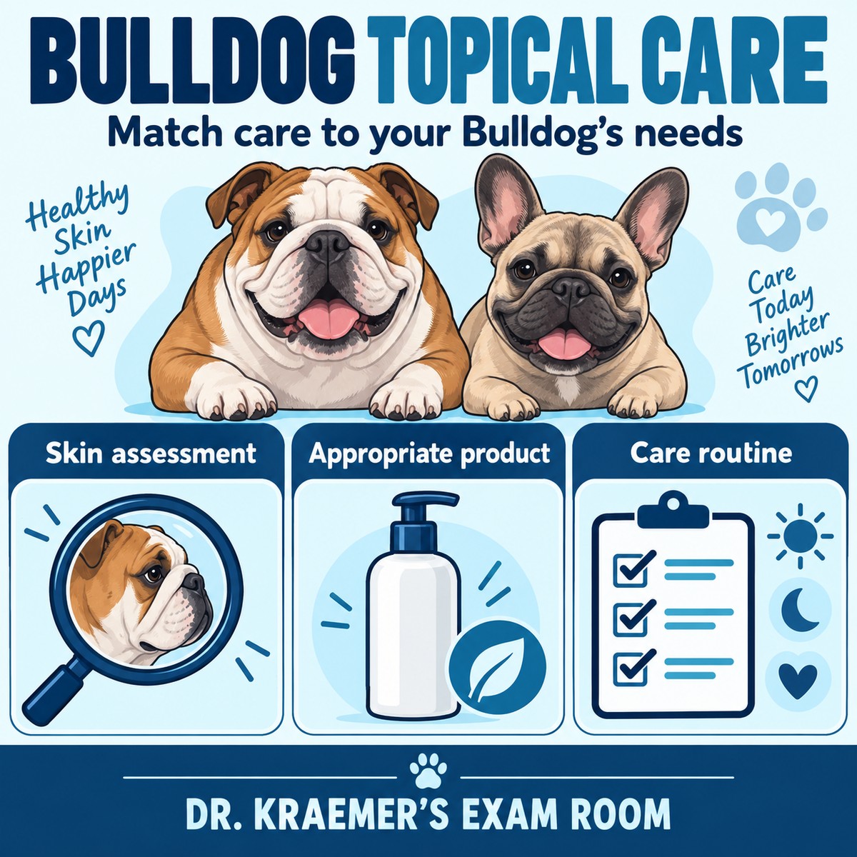 Bulldog topical care routine covering skin, folds, ears and teeth