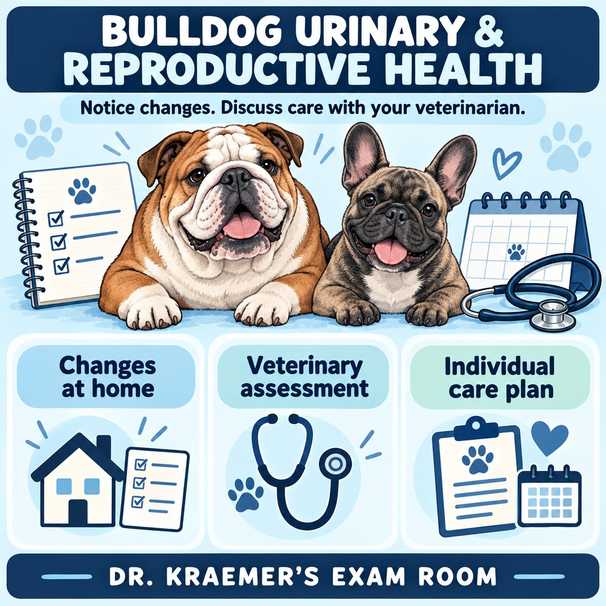 Illustrated Bulldog urinary and reproductive health overview: changes at home, veterinary assessment and an individual care plan