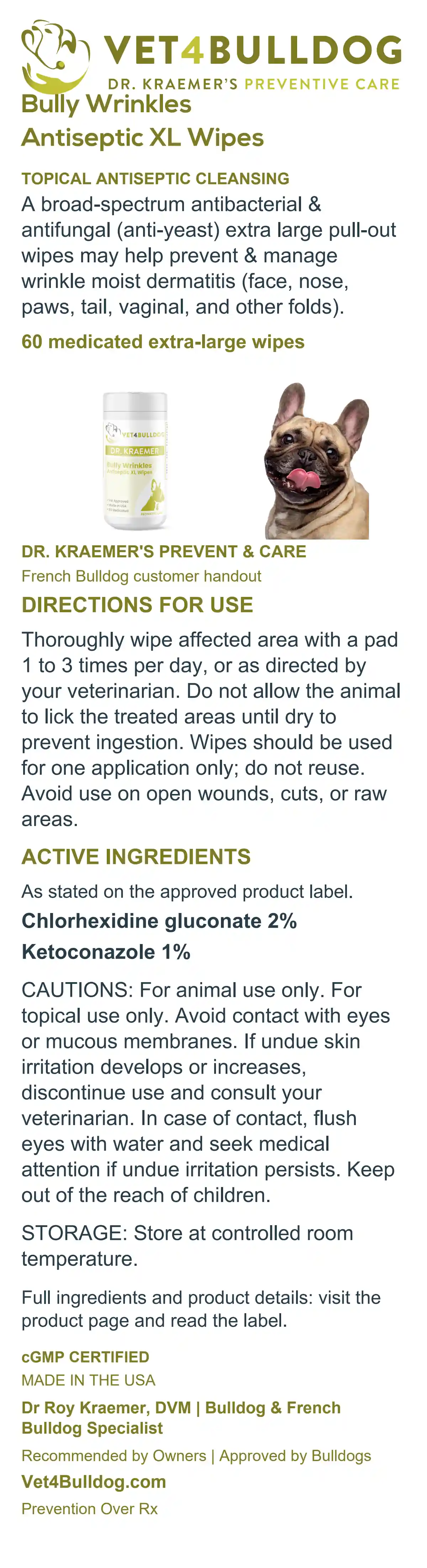 Complete French Bulldog Wrinkles Antiseptic XL Wipes customer handout with the current 60-wipe package, directions, ingredients, cautions and storage information.