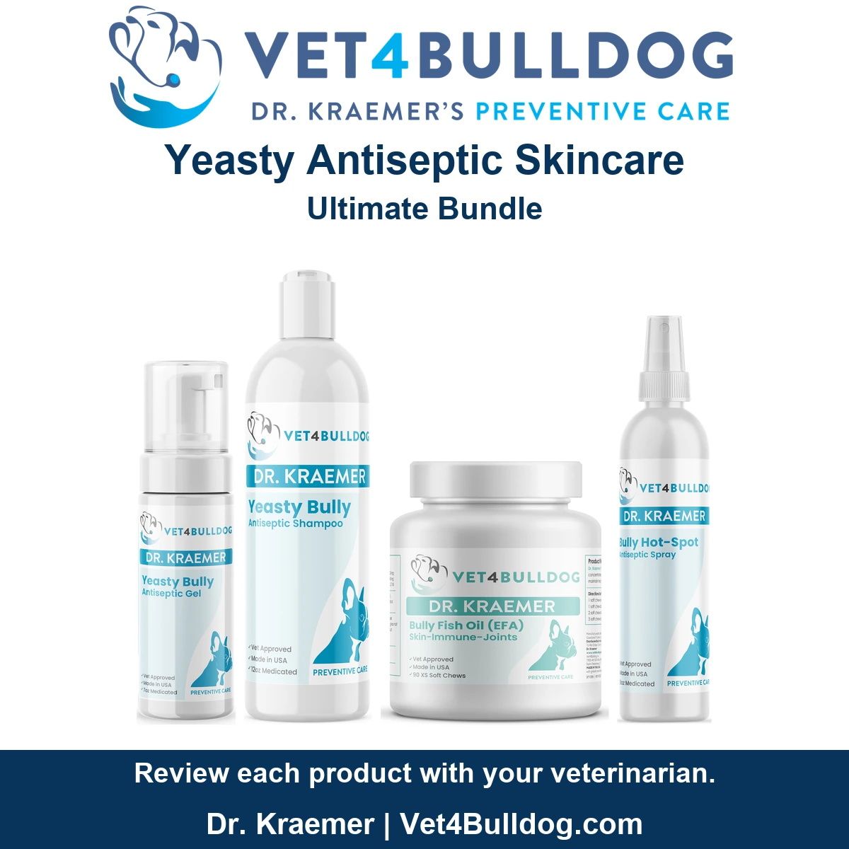 Dr. Kraemer’s current Yeasty Bully skincare bundle with shampoo, gel, spray and fish oil.