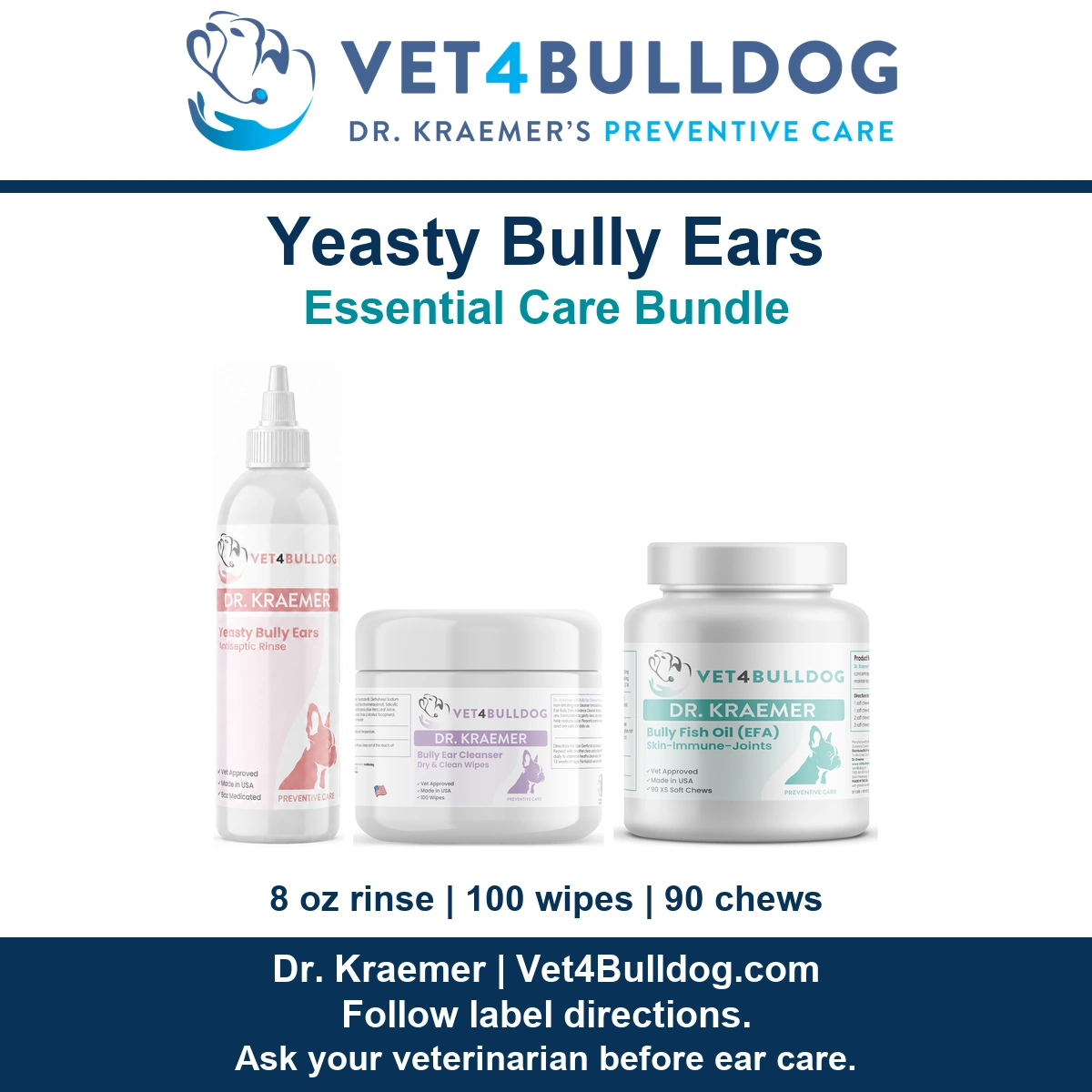 Yeasty Bully Ears Essential Care Bundle with eight-ounce rinse, 100 ear wipes and 90 Fish Oil chews.