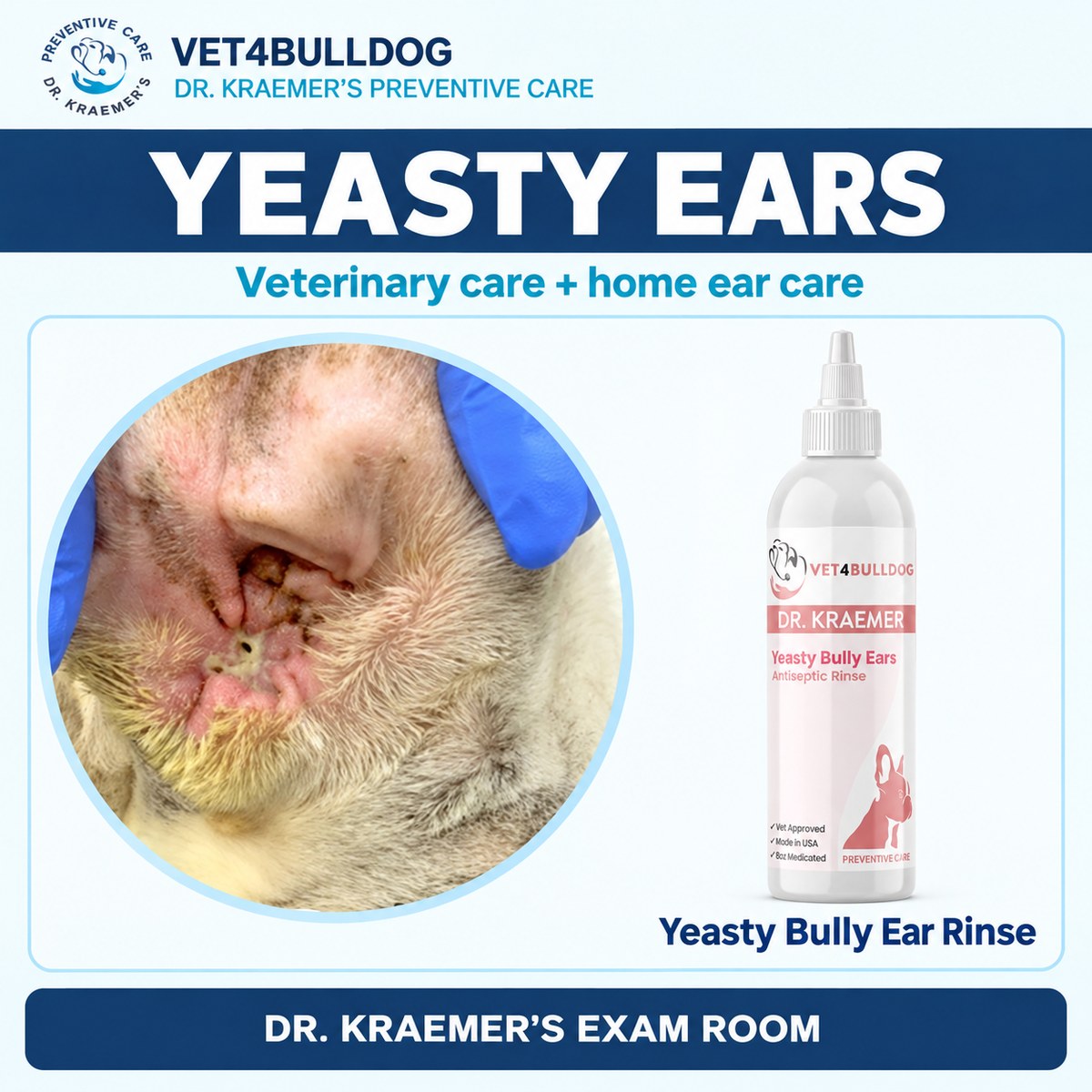 Original clinical ear photograph beside the current-label Yeasty Bully Ear Rinse bottle.