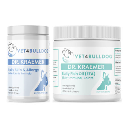 Bully Allergies Skin & Ears Health Vital Bundle with Bully Skin and Ears Allergy Chews, Bully Fish Oil EFA (Sm-Med | 60 Chews) on a white background.