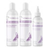 Bully Aloe Oatmeal Skin and Ear Care Bundle with Bully Aloe-Oatmeal Soothing Shampoo, Bully Aloe-Oatmeal Soothing Cream-Rinse Conditioner, Bully WaxLess Aloe Vera Ear Rinse on a white background.