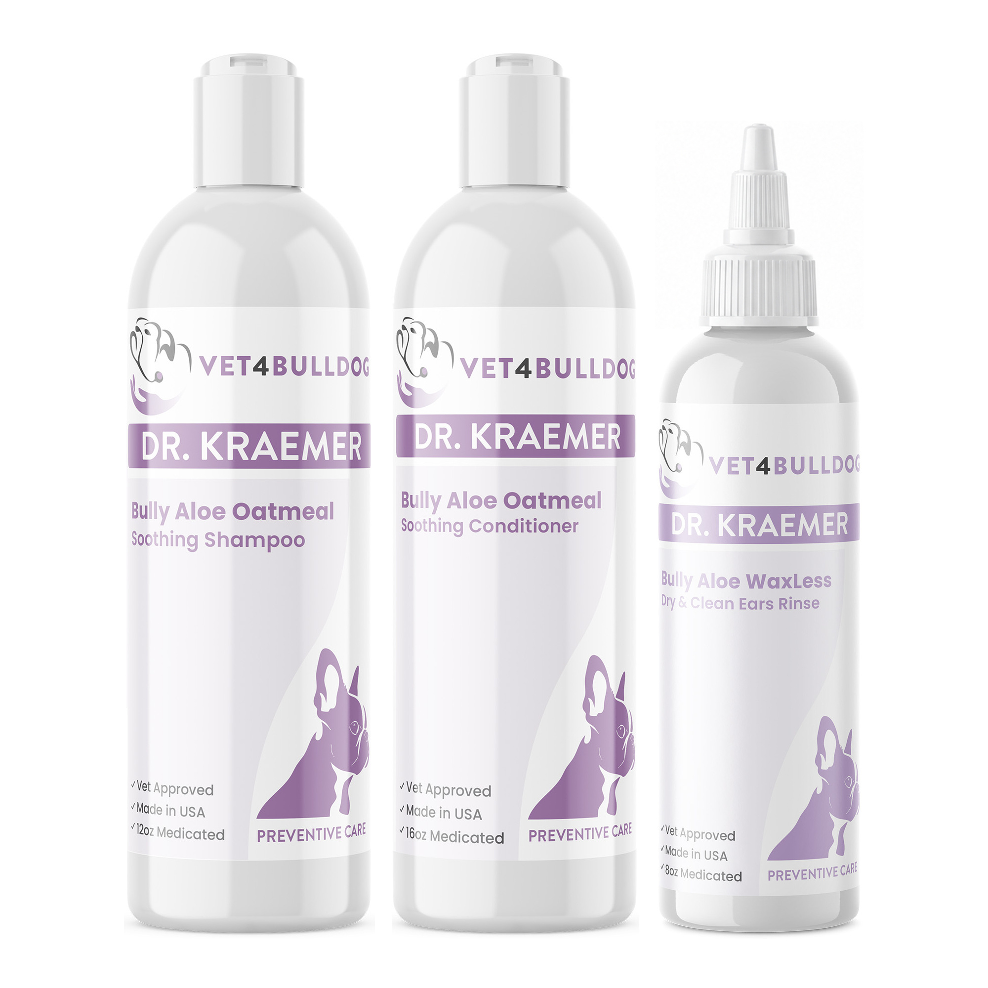Bully Aloe Oatmeal Skin and Ear Care Bundle with Bully Aloe-Oatmeal Soothing Shampoo, Bully Aloe-Oatmeal Soothing Cream-Rinse Conditioner, Bully WaxLess Aloe Vera Ear Rinse on a white background.