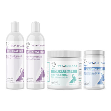 Bully Aloe Oatmeal Soothing Skincare ULTIMATE Bundle with Bully Aloe-Oatmeal Soothing Cream-Rinse Conditioner, Bully Aloe-Oatmeal Soothing Shampoo, Bully Fish Oil EFA (Sm-Med | 60 Chews), Bully Skin and Ears Allergy Chews on a white background.