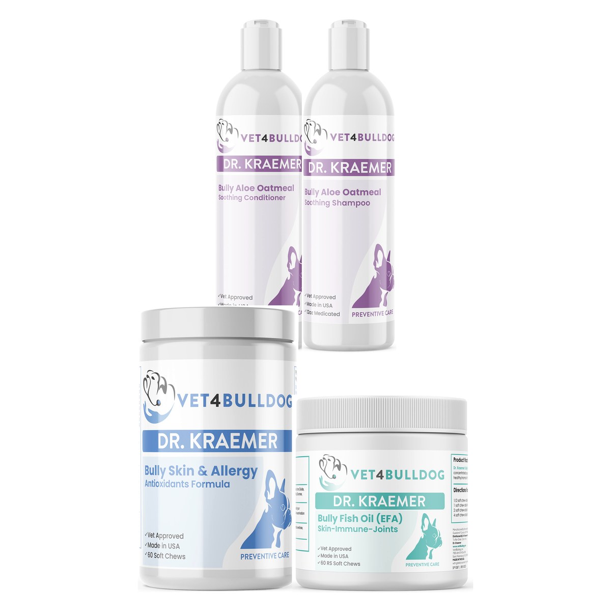 Dr. Kraemer’s Bully Aloe Oatmeal Soothing Skincare ULTIMATE Bundle, current Vet4Bulldog products in a closeup bundle packshot