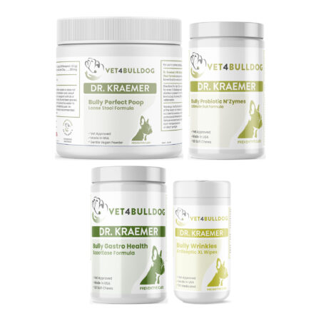 Bully Anal Gland ULTIMATE Bundle with Wrinkle & Skinfold Antiseptic XL Wipes, Bully Pre / Probiotics N' Zyme KEEP-UP, Gastro Gentle Move & Anal Gland Health, Bully Perfect Poop Formula (Vegan Hypoallergenic) on a white background.