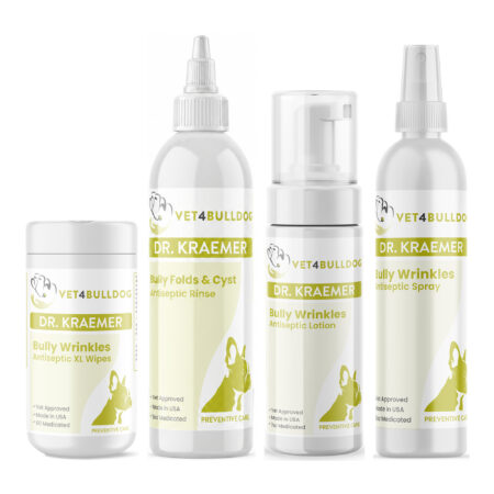 Bully Antiseptic Wrinkles~Cysts~Skin Vital Care Bundle with Wrinkle & Skinfold Antiseptic XL Wipes, Bully Skinfold & Cyst Antiseptic Rinse, Bully Wrinkles Antiseptic Lotion, Skin and Folds Antiseptic Medicated Spray on a white background.