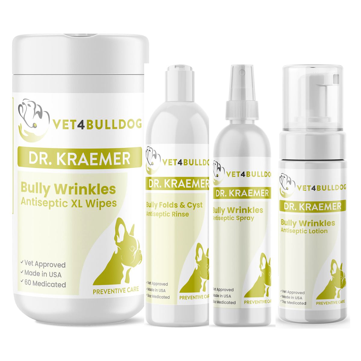 Dr. Kraemer’s Bully Antiseptic Wrinkles~Cysts~Skin Vital Care Bundle, current Vet4Bulldog products in a closeup bundle packshot