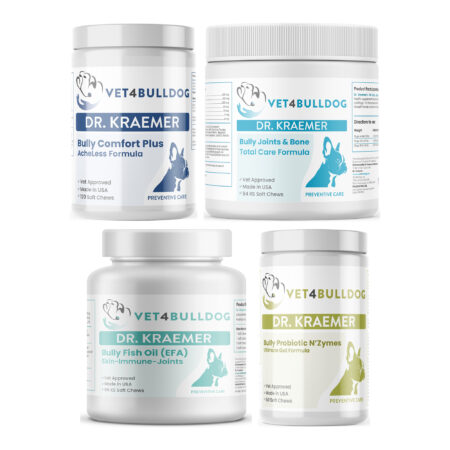 Bully Arthritis Pain and Ache Essential Bundle 59lb and Under with Bulldog Comfort Plus AcheLess Formula, Joint & Bone Total Care (59lb & Under / 84 Chews), Bully Fish Oil EFA DS (Sm-Med-Lg / 90 DS-chews), Bully Pre / Probiotics N' Zyme KEEP-UP on a white background.