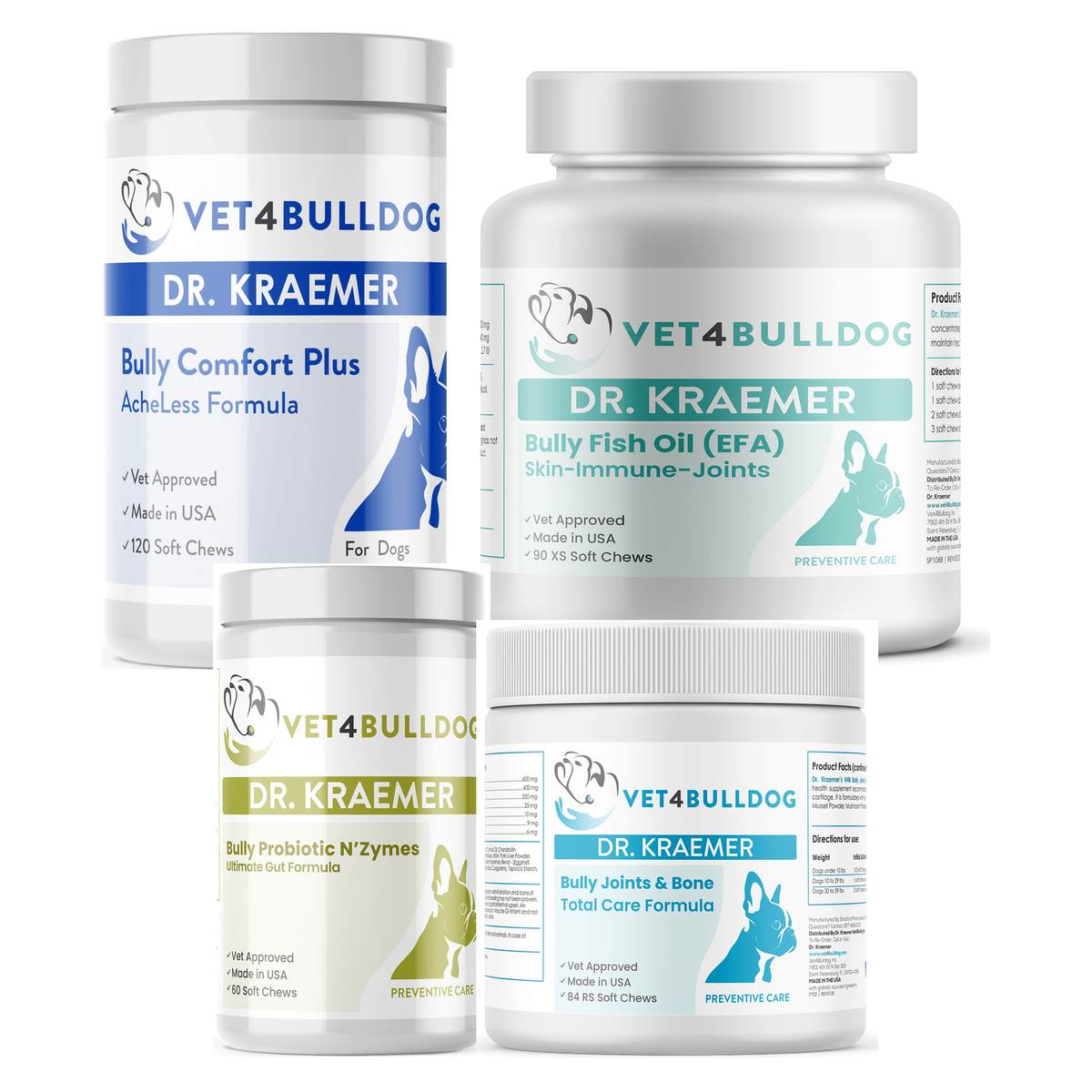 Dr. Kraemer’s Bully Arthritis Pain and Ache Essential Bundle 59lb and Under, current Vet4Bulldog products in a closeup bundle packshot