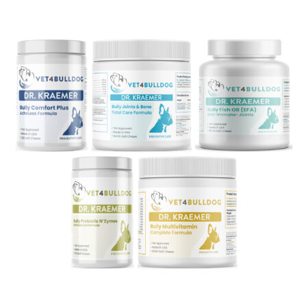 Bully Arthritis Pain and Ache ULTIMATE Bundle 59lb and Under with Bulldog Comfort Plus AcheLess Formula, Joint & Bone Total Care (59lb & Under / 84 Chews), Bully Fish Oil EFA DS (Sm-Med-Lg / 90 DS-chews), Bully Pre / Probiotics N' Zyme KEEP-UP, Bully Multivitamin Plus Optimized Formula on a white background.