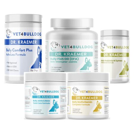 Dr. Kraemer’s Bully Arthritis Pain and Ache ULTIMATE Bundle 59lb and Under, current Vet4Bulldog products in a closeup bundle packshot