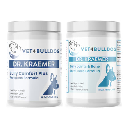 Bully Arthritis Pain and Aches Basic Care Bundle 60lb and Over with Bulldog Comfort Plus AcheLess Formula, Bully Joint & Bone Total Care (60lb & Over / 84 Chews) on a white background.