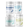 Bully Arthritis Pain and Aches Essential Bundle 60lb and Over with Bulldog Comfort Plus AcheLess Formula, Bully Joint & Bone Total Care (60lb & Over / 84 Chews), Bully Fish Oil EFA DS (Sm-Med-Lg / 90 DS-chews), Bully Pre / Probiotics N' Zyme KEEP-UP on a white background.