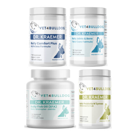 Bully Arthritis Pain and Aches Essential Bundle 60lb and Over with Bulldog Comfort Plus AcheLess Formula, Bully Joint & Bone Total Care (60lb & Over / 84 Chews), Bully Fish Oil EFA DS (Sm-Med-Lg / 90 DS-chews), Bully Pre / Probiotics N' Zyme KEEP-UP on a white background.